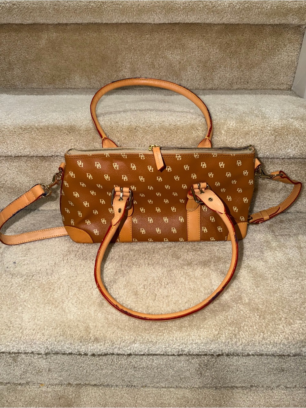 Dooney & Bourke Cognac Monogram Satchel with Tan Trim Vintage Shoulder Bag Purse